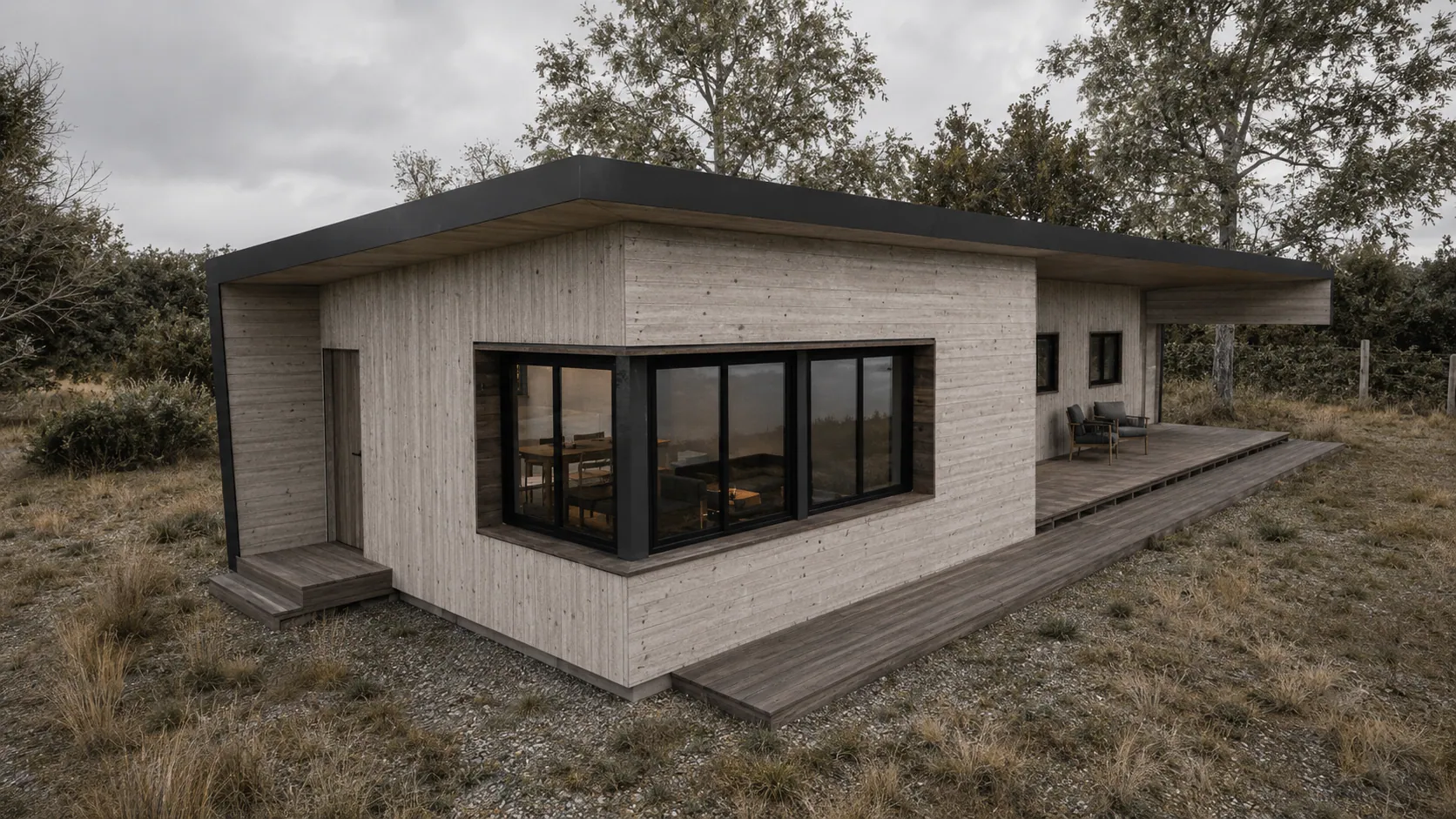 CASA BV: Remodelación de vivienda recreacional en las cercanías de Pucón. El proyecto consiste en la reutilización de una estructura existente para reimaginar una vivienda de fin de semana. Se desarrolla una batería de dormitorios conectados a un espacio común amplio que integra cocina, comedor y estar en un solo ambiente compartido. La estética de la casa privilegia el uso de materiales locales de la cordillera como la madera en exteriores e interiores pétreos de bajo mantenimiento, que puedan soportar largas temporadas sin uso sin deteriorarse.