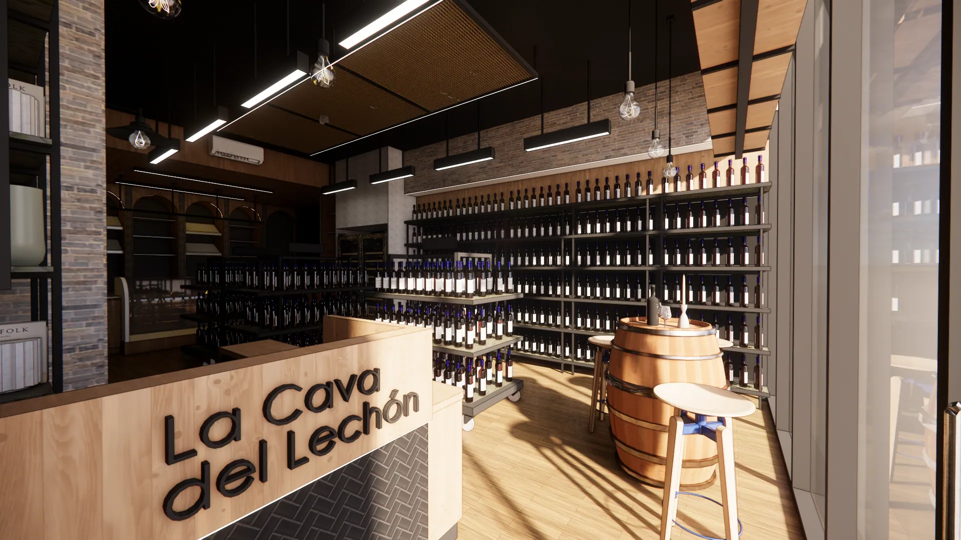 TIENDA CDL: Habilitación de local comercial para convertir un local existente en una tienda premium de vinos, licores, charcutería y panadería. El encargo exigía trabajar sobre una base preexistente, reutilizar maderas y responder a términos de referencia dados por el cliente para góndolas, mobiliario y áreas de exhibición. La idea principal fue construir una atmósfera cercana a un bodegón europeo mediterráneo, usando maderas tratadas reutilizadas, metales y materiales terracota. Esta estética debía convivir con el alto tráfico y el fácil mantenimiento.