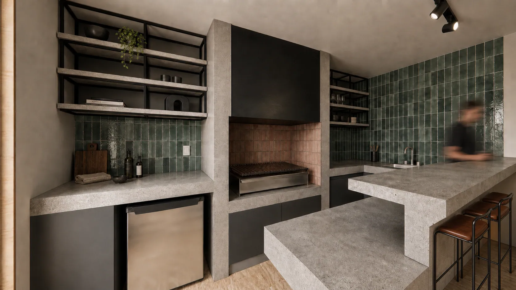 QUINCHO SS: El proyecto se trata de un espacio cerrado e independiente que amplía las posibilidades de uso de la vivienda principal. Incluye comedor, barra y una amplia zona destinada a la cocina. Diseñado para ser utilizado durante todo el año, el proyecto combina materiales de carácter industrial, acentos de color y soluciones de bajo mantenimiento. El resultado es un espacio cómodo y funcional para cocinar, recibir y compartir.