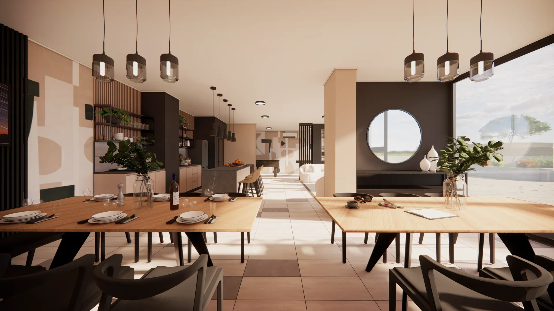 Visualización interior de una sala multiuso con comedor, cocina y luz natural