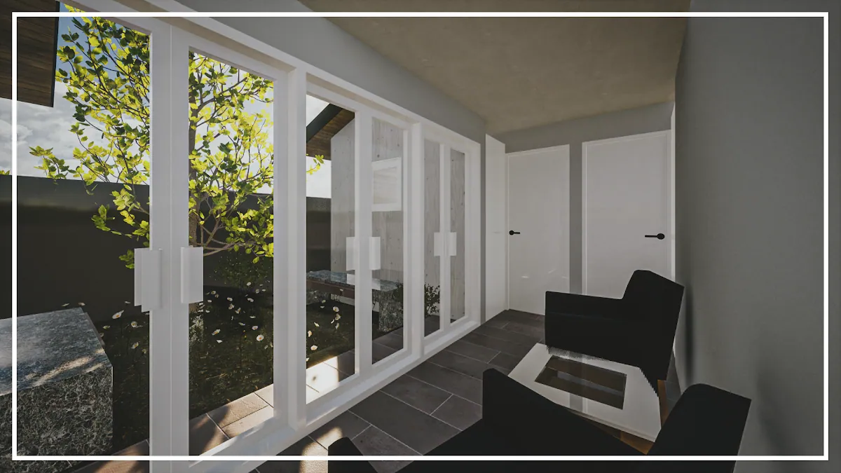 CASA CA: Vivienda unifamiliar con comercio en Lautaro. El proyecto se resuelve mediante una estructura y revestimientos de madera, integrándose con la arquitectura del entorno. Hacia el frente, una entrada de doble circulación separa claramente el acceso residencial del comercial. El diseño y sus especificaciones se desarrollan conforme a los requisitos técnicos y normativos necesarios para la tramitación de la resolución sanitaria y MEF.